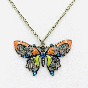 Sparkly vintage filigree enameled butterfly bronze tone boho statement necklace